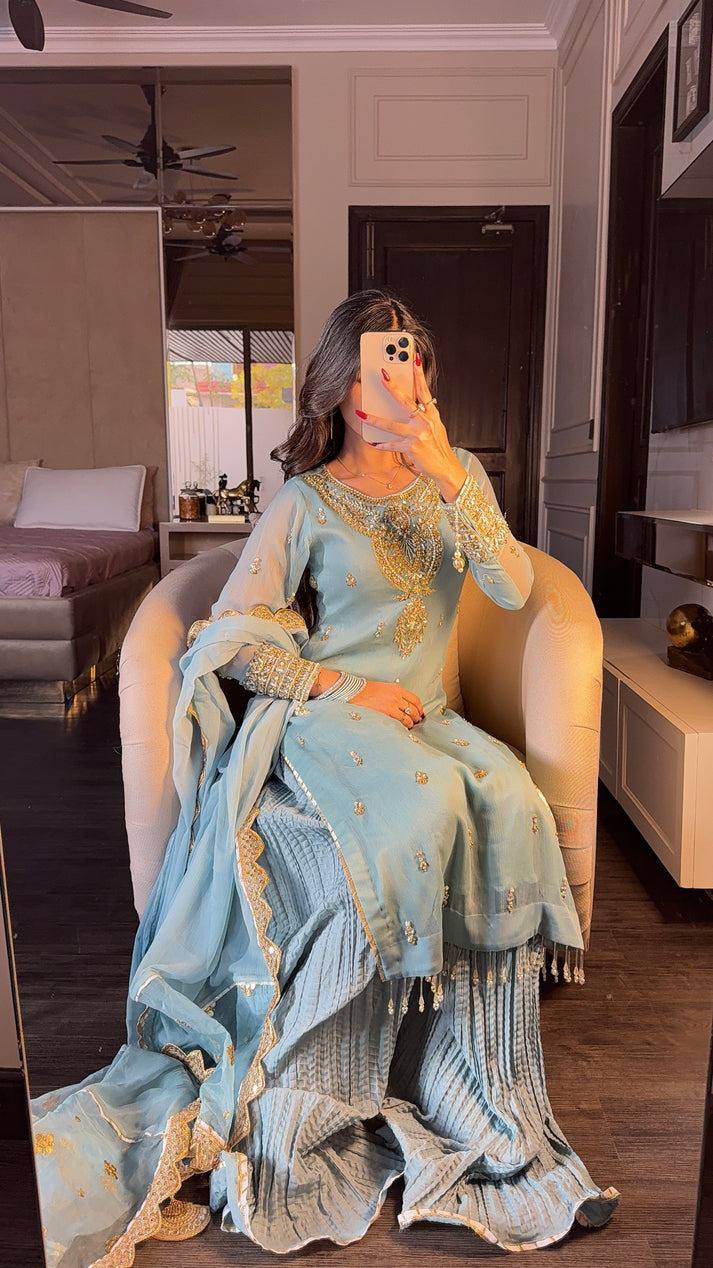 Elegant Light Blue Sharara Suit with Golden Embroidery and Net Dupatta