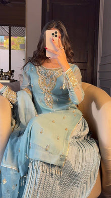 Elegant Light Blue Sharara Suit with Golden Embroidery and Net Dupatta