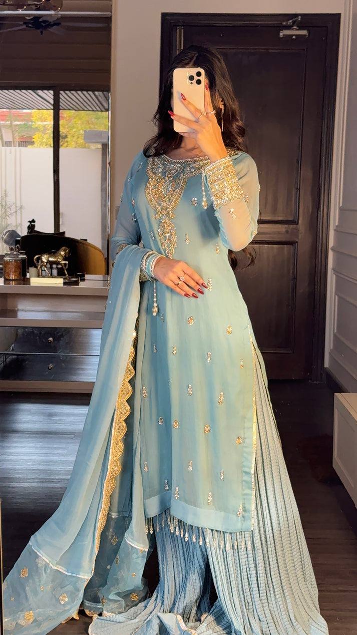Elegant Light Blue Sharara Suit with Golden Embroidery and Net Dupatta