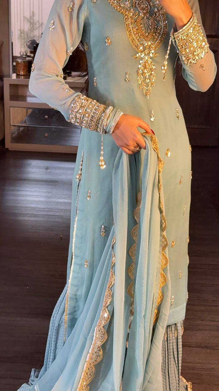 Elegant Light Blue Sharara Suit with Golden Embroidery and Net Dupatta
