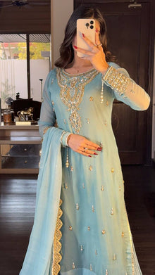 Elegant Light Blue Sharara Suit with Golden Embroidery and Net Dupatta