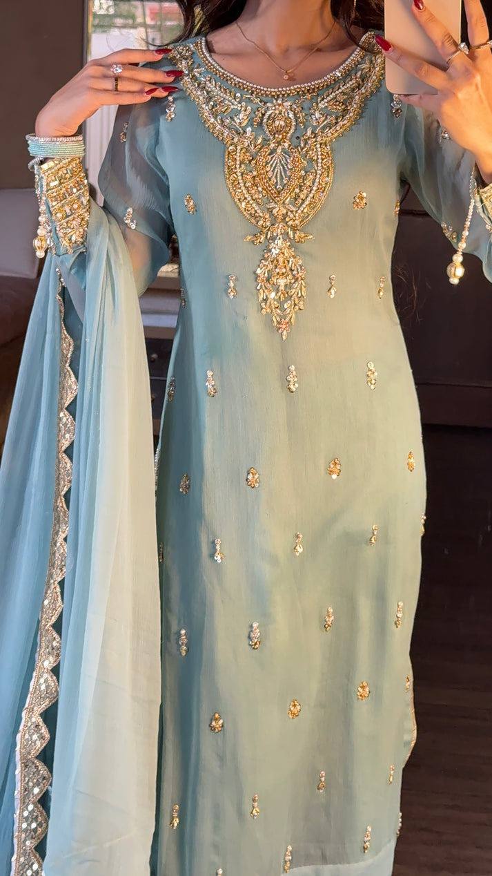 Elegant Light Blue Sharara Suit with Golden Embroidery and Net Dupatta