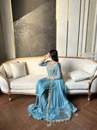 Elegant Light Blue Sharara Suit with Golden Embroidery and Net Dupatta