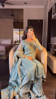 Elegant Light Blue Sharara Suit with Golden Embroidery and Net Dupatta