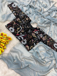 Elegant Light Gold Silk Saree with Black Embroidered Blouse for Festive Party Look