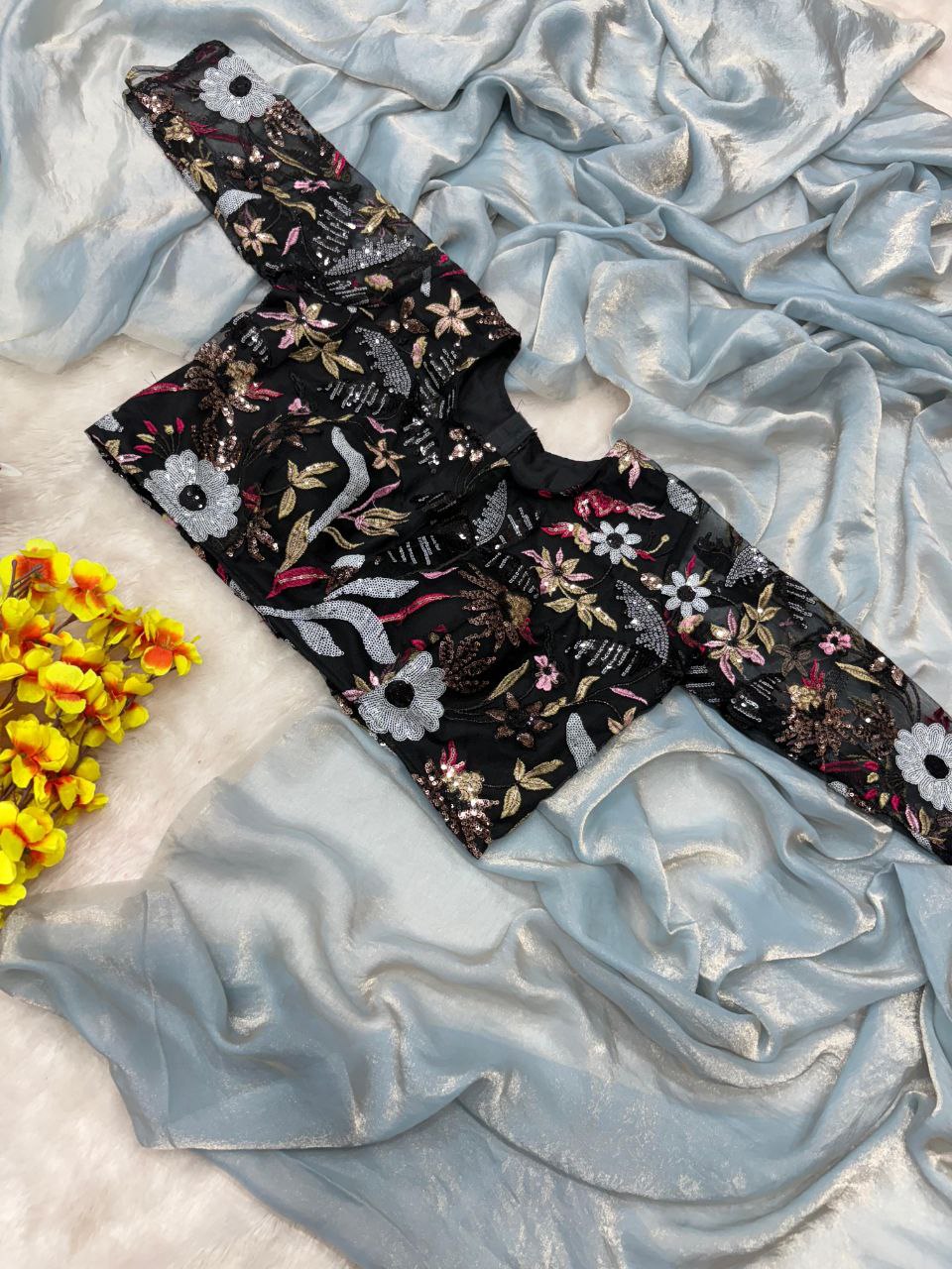 Elegant Light Gold Silk Saree with Black Embroidered Blouse for Festive Party Look