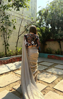 Elegant Light Gold Silk Saree with Black Embroidered Blouse for Festive Party Look