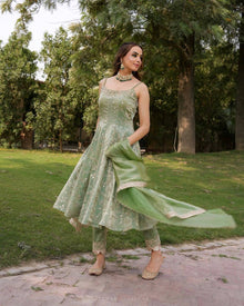 Elegant Light Green Anarkali Suit with Spaghetti Straps and Embroidered Dupatta