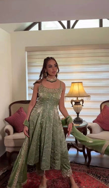 Elegant Light Green Anarkali Suit with Spaghetti Straps and Embroidered Dupatta