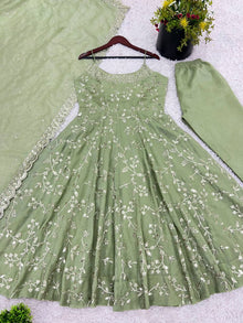 Elegant Light Green Anarkali Suit with Spaghetti Straps and Embroidered Dupatta