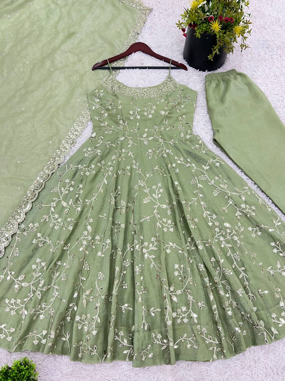 Elegant Light Green Anarkali Suit with Spaghetti Straps and Embroidered Dupatta