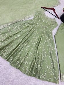 Elegant Light Green Anarkali Suit with Spaghetti Straps and Embroidered Dupatta