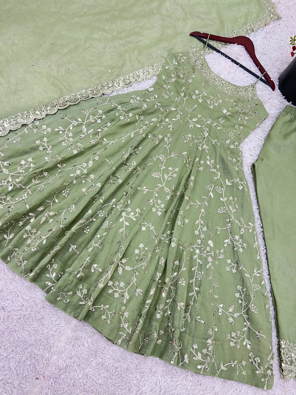 Elegant Light Green Anarkali Suit with Spaghetti Straps and Embroidered Dupatta