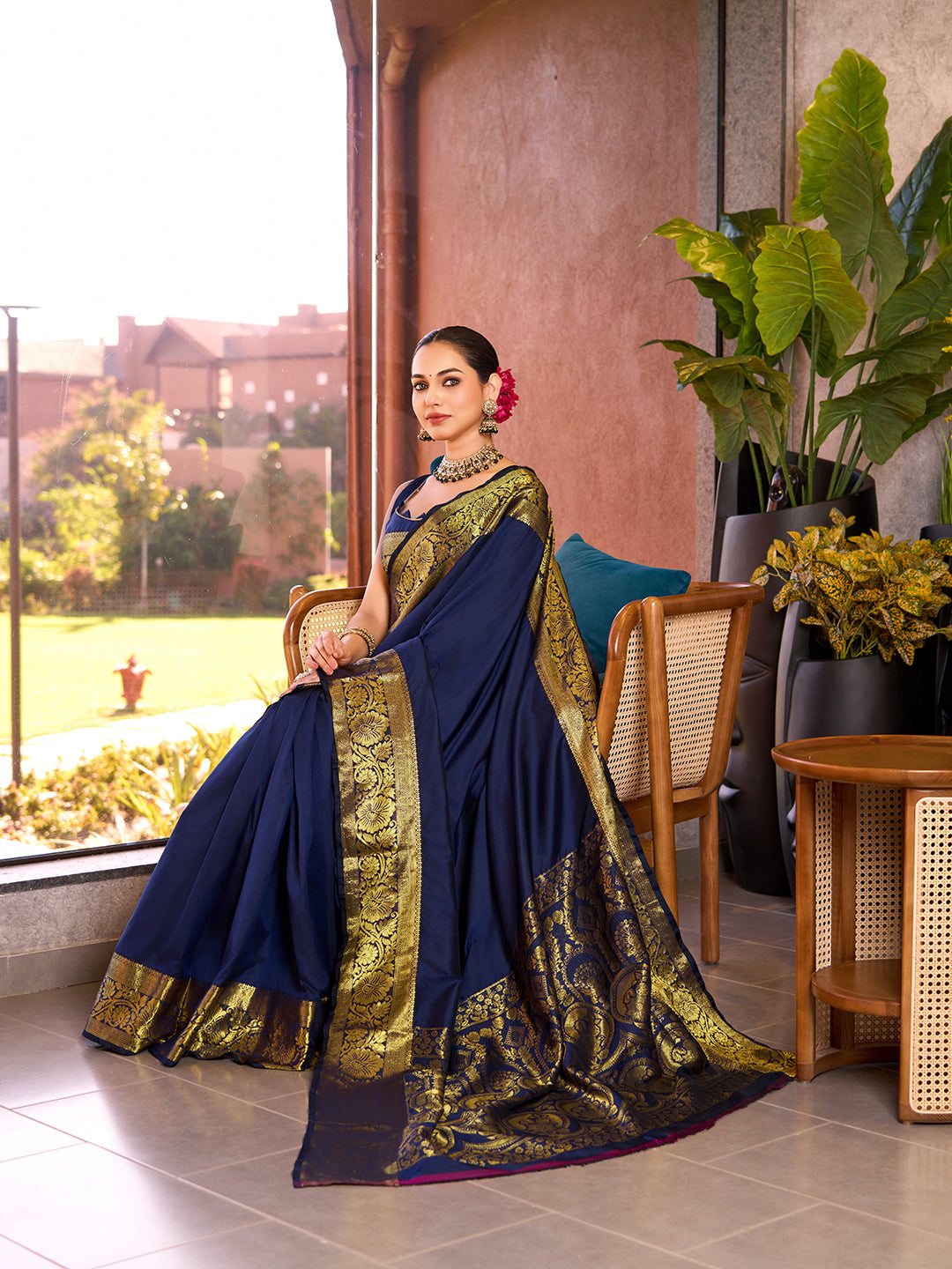 Pure Navy Blue Silk Saree with All Over Weaving  Rich Pallu Bridal & Festive Wear