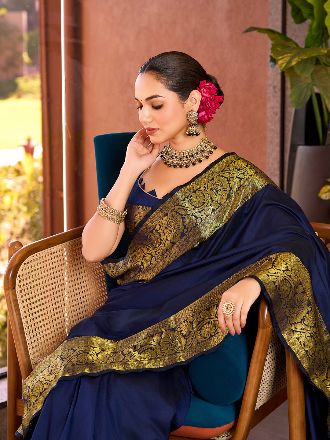Pure Navy Blue Silk Saree with All Over Weaving  Rich Pallu Bridal & Festive Wear