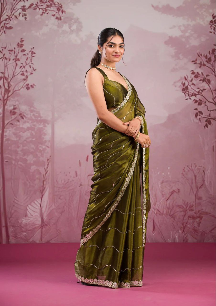 Elegant Olive Green Satin Silk Saree with Sequin Embroidered Border for Party and  Festive Wear