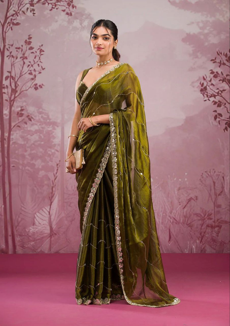 Elegant Olive Green Satin Silk Saree with Sequin Embroidered Border for Party and  Festive Wear