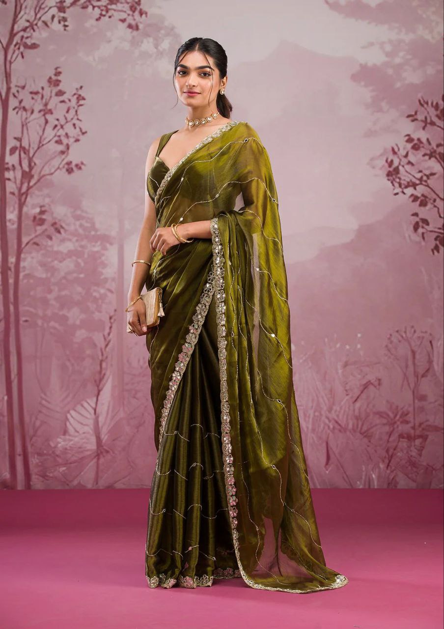 Elegant Olive Green Satin Silk Saree with Sequin Embroidered Border for Party and  Festive Wear
