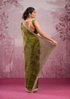 Elegant Olive Green Satin Silk Saree with Sequin Embroidered Border for Party and  Festive Wear