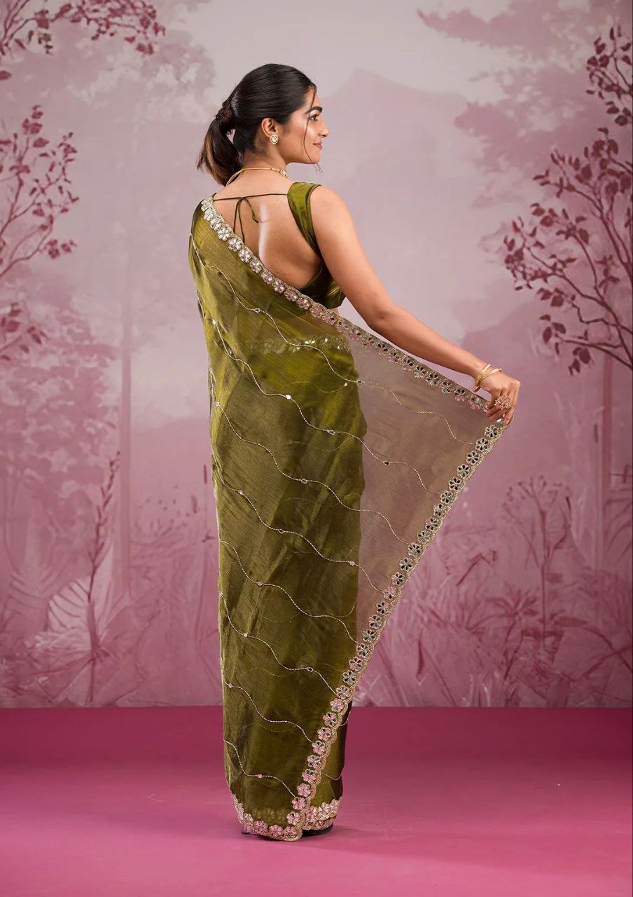 Elegant Olive Green Satin Silk Saree with Sequin Embroidered Border for Party and  Festive Wear