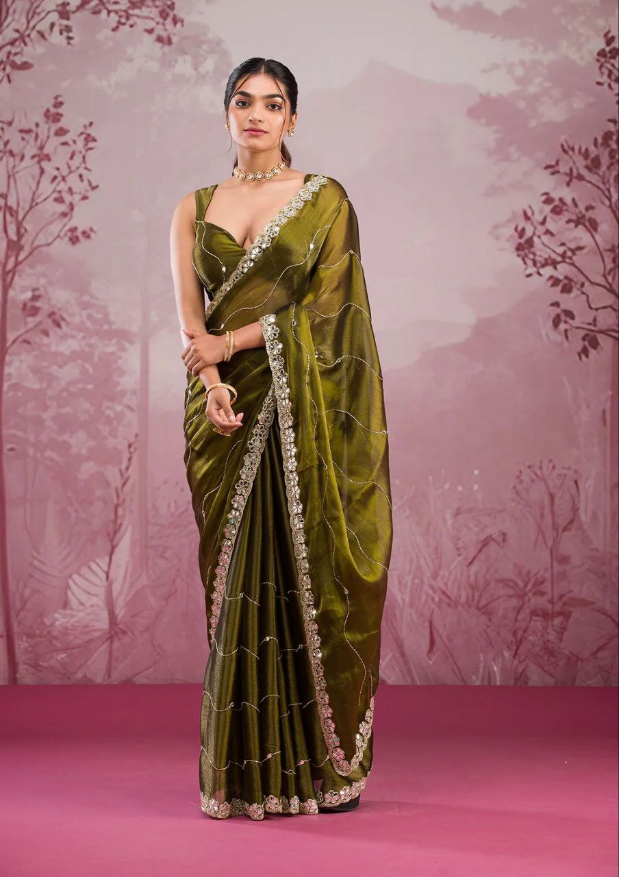 Elegant Olive Green Satin Silk Saree with Sequin Embroidered Border for Party and  Festive Wear