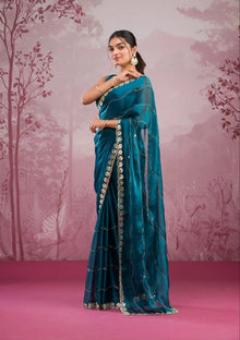 Elegant organza saree with floral embroidered border, perfect for festive events