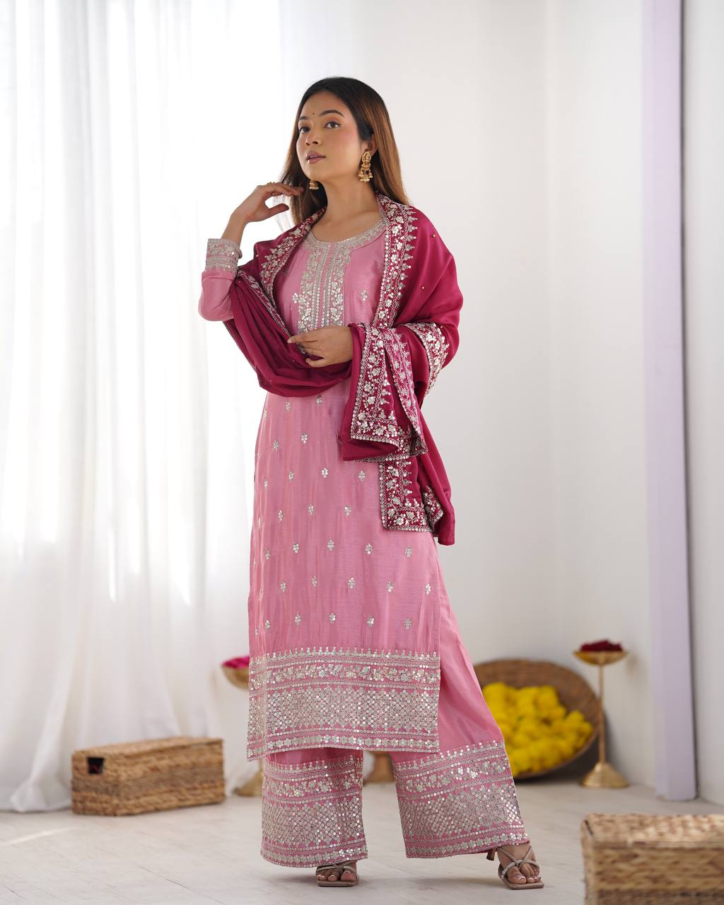 Elegant Pink Mirror Work Kurta Set with Maroon Dupatta Festive & Wedding Wear