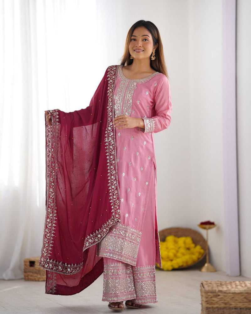 Elegant Pink Mirror Work Kurta Set with Maroon Dupatta Festive & Wedding Wear