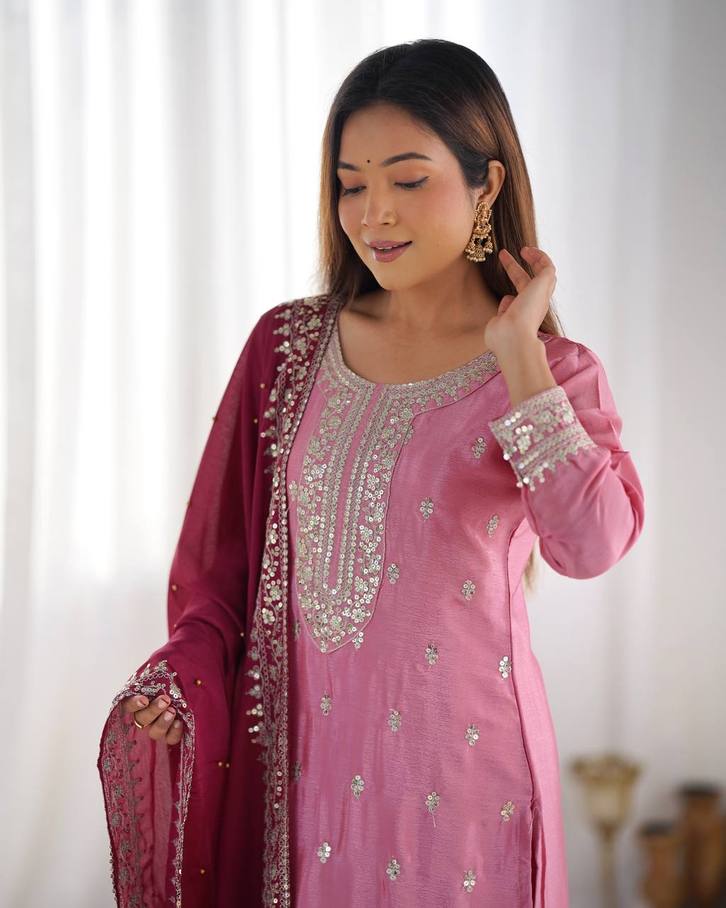 Elegant Pink Mirror Work Kurta Set with Maroon Dupatta Festive & Wedding Wear