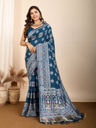 Elegant pure blue silk saree with intricate Mina Kari weaving and a grand rich pallu poojas, and cultural festivities.