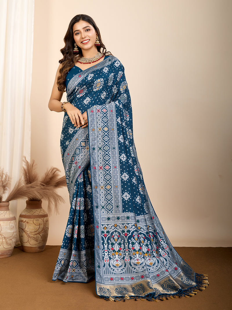 Elegant pure blue silk saree with intricate Mina Kari weaving and a grand rich pallu poojas, and cultural festivities.