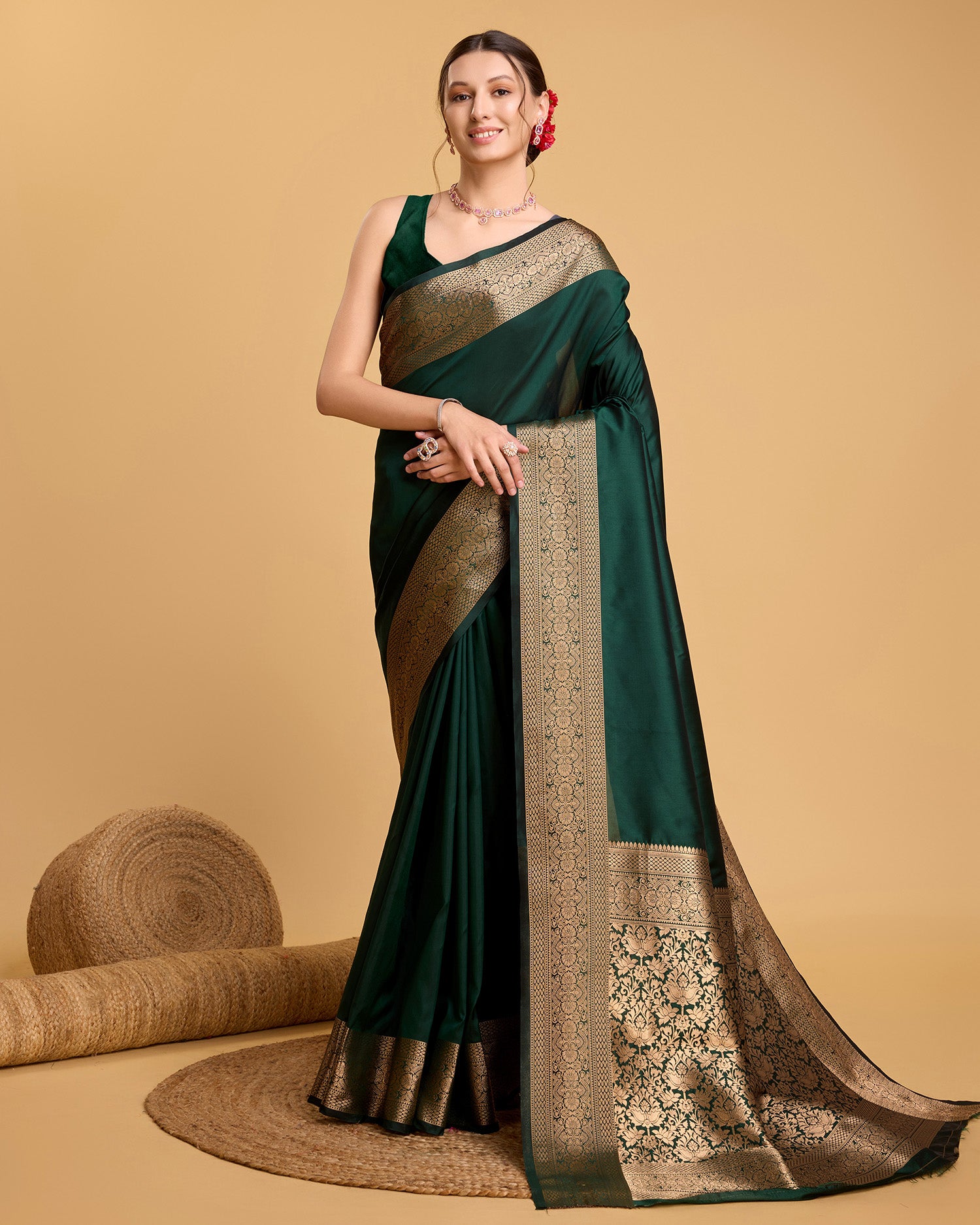 Pure Green Silk Saree with Rich Pallu & All Over Weaving Wedding Festive Special