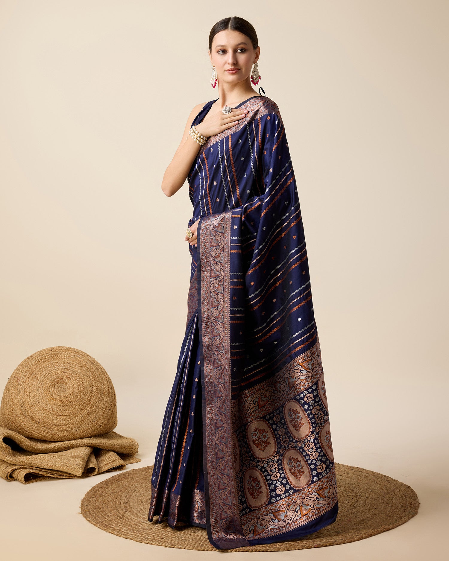 Elegant royal blue silk saree with jacquard base, sona chandi zari, and 3 zari floral weaving.