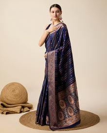 Elegant royal blue silk saree with jacquard base, sona chandi zari, and 3 zari floral weaving.