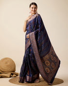 Elegant royal blue silk saree with jacquard base, sona chandi zari, and 3 zari floral weaving.