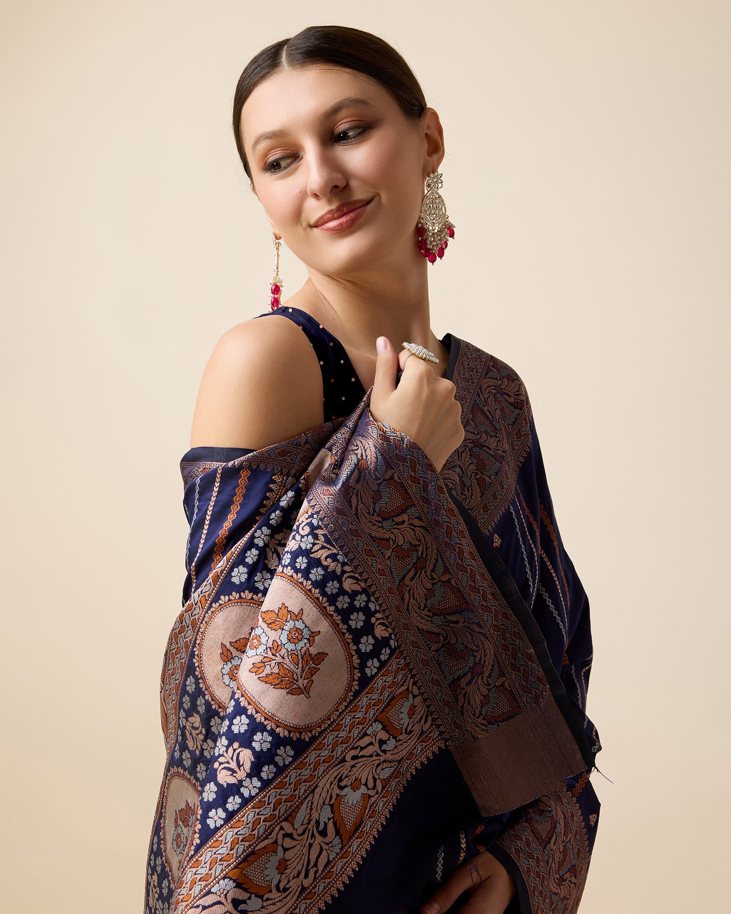 Elegant royal blue silk saree with jacquard base, sona chandi zari, and 3 zari floral weaving.