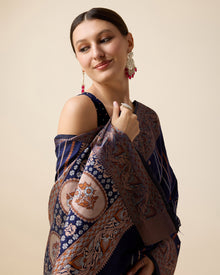 Elegant royal blue silk saree with jacquard base, sona chandi zari, and 3 zari floral weaving.