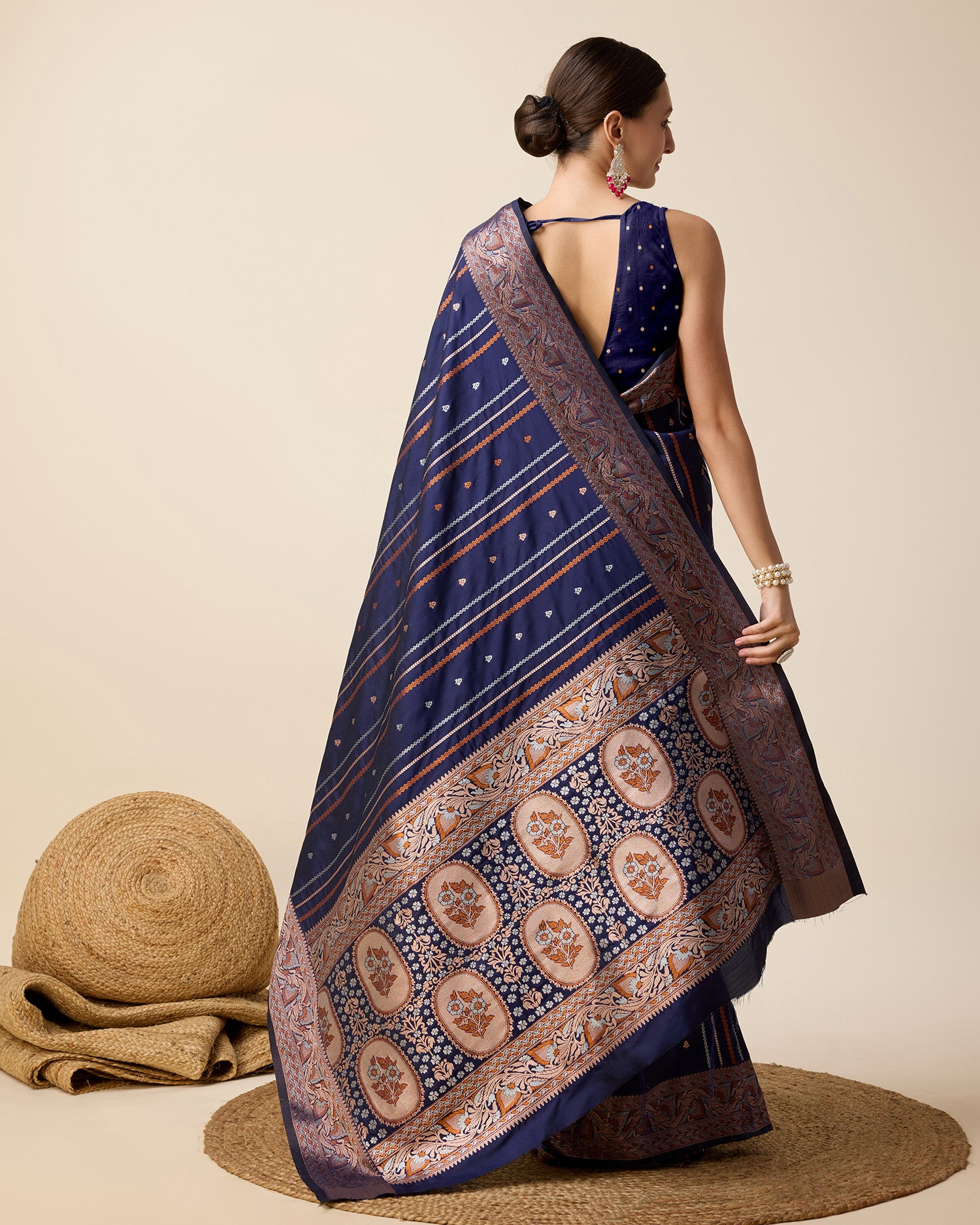 Elegant royal blue silk saree with jacquard base, sona chandi zari, and 3 zari floral weaving.