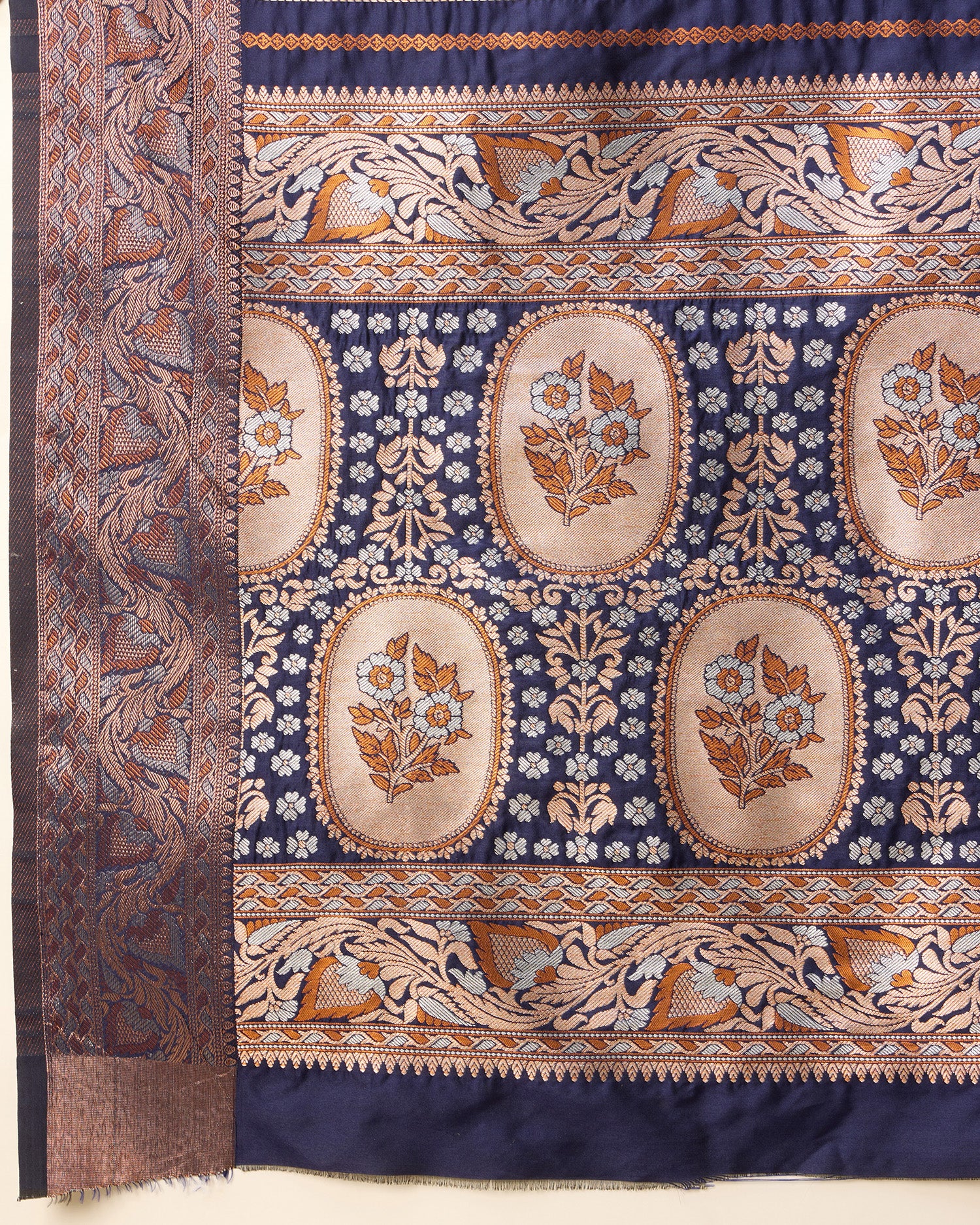 Elegant royal blue silk saree with jacquard base, sona chandi zari, and 3 zari floral weaving.