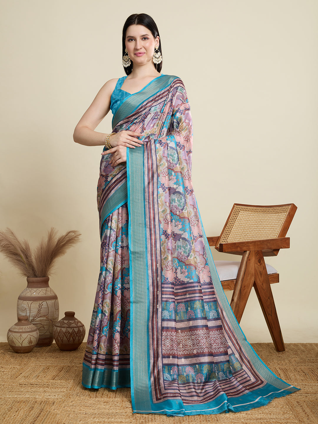 Elegant Semi Cotton Saree with Zari Border & All-Over Butti Contrast Blouse Included