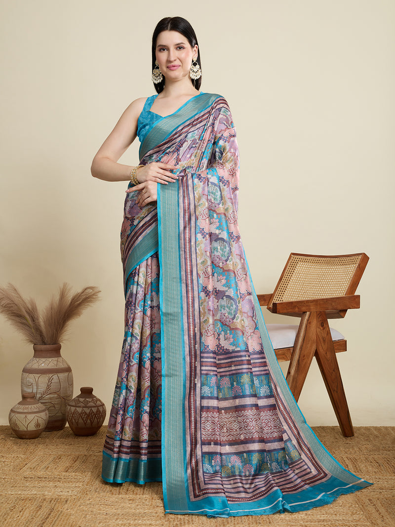Elegant Semi Cotton Saree with Zari Border & All-Over Butti Contrast Blouse Included