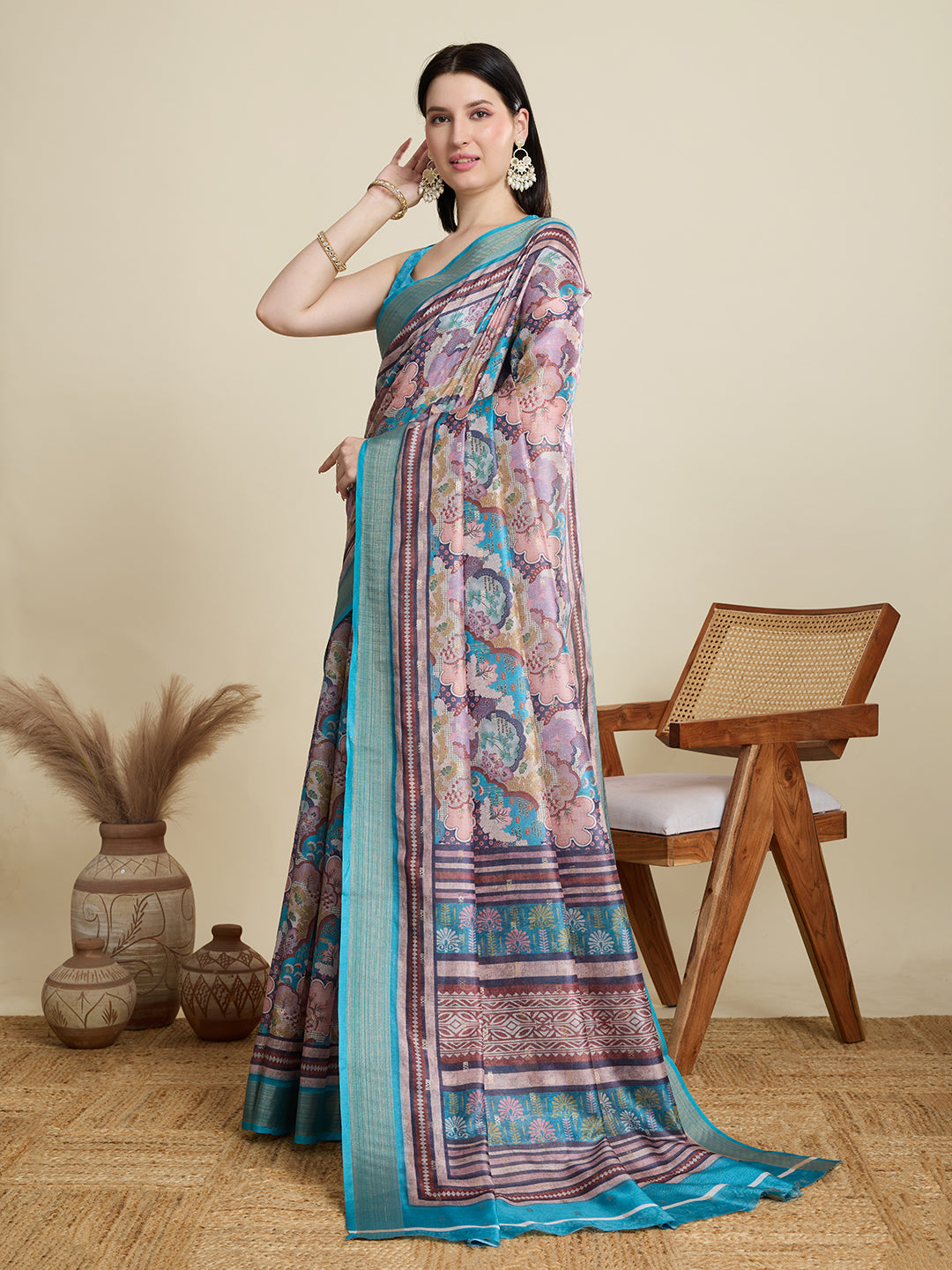 Elegant Semi Cotton Saree with Zari Border & All-Over Butti Contrast Blouse Included