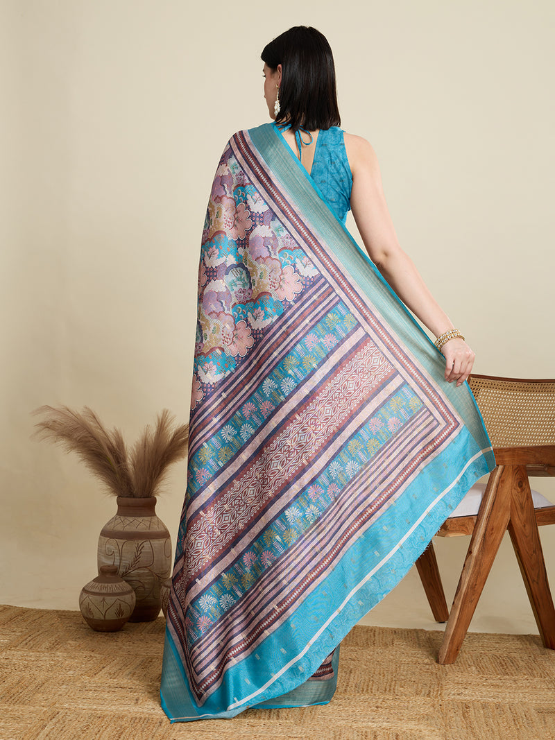 Elegant Semi Cotton Saree with Zari Border & All-Over Butti Contrast Blouse Included