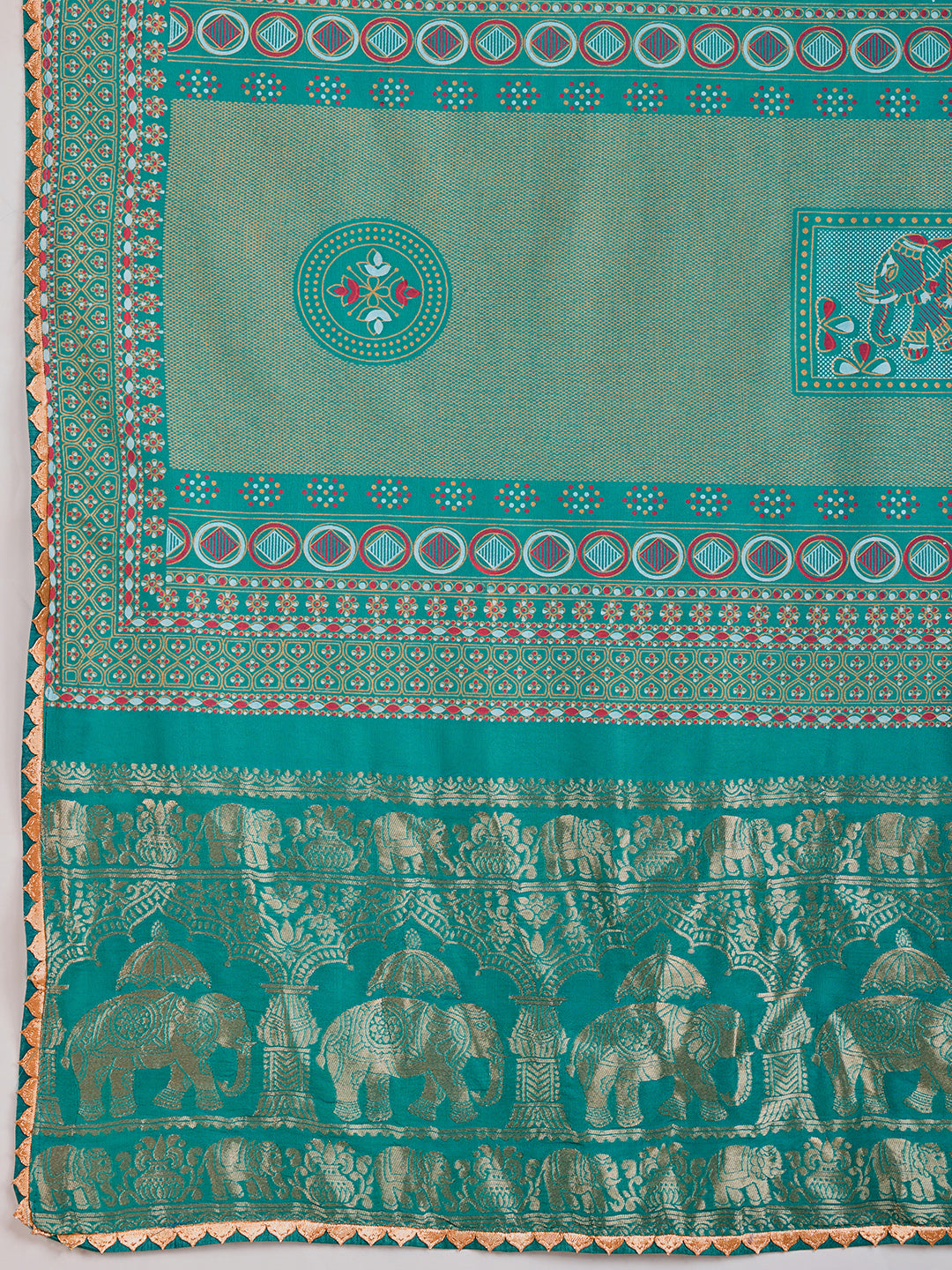 Turquoise Cotton Saree with Foil Print Border and Contrast Blouse Table Printed Design