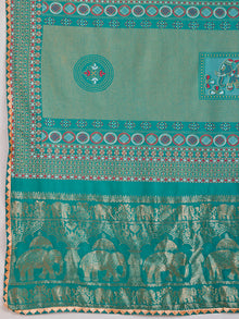 Turquoise Cotton Saree with Foil Print Border and Contrast Blouse Table Printed Design