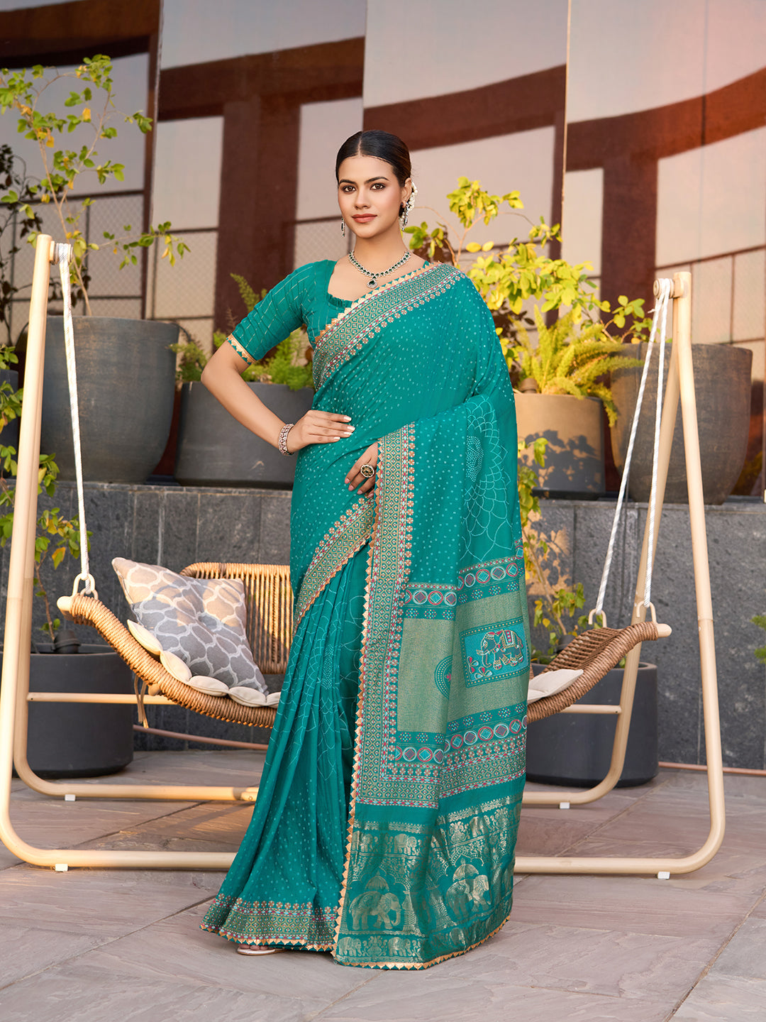 Turquoise Cotton Saree with Foil Print Border and Contrast Blouse Table Printed Design