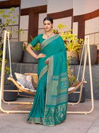 Turquoise Cotton Saree with Foil Print Border and Contrast Blouse Table Printed Design
