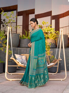 Turquoise Cotton Saree with Foil Print Border and Contrast Blouse Table Printed Design