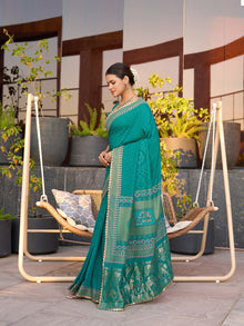 Turquoise Cotton Saree with Foil Print Border and Contrast Blouse Table Printed Design