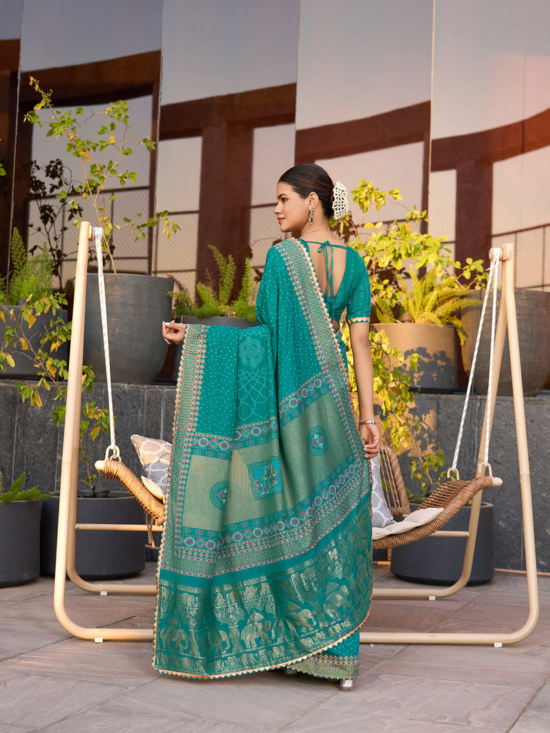 Turquoise Cotton Saree with Foil Print Border and Contrast Blouse Table Printed Design
